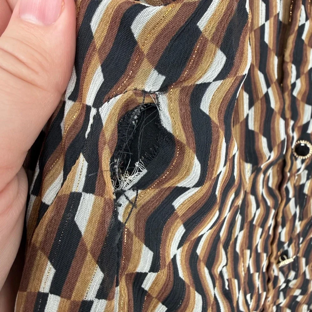 ZARA BROWN GEO PRINT GOLD LUREX MINI SHIRT DRESS RETRO‎ SMALL -- FLAWED